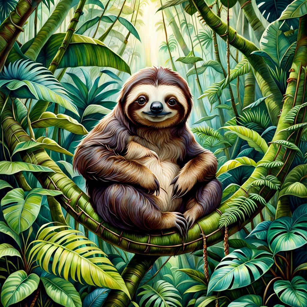 Whimsical Sloth in a Colorful Rainforest Watercolor