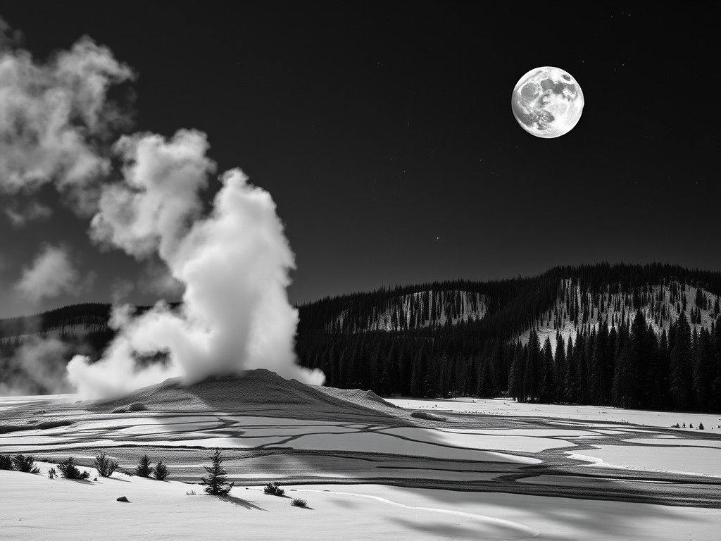 Yellowstone Geyser Under Moonlight: Ansel Adams Style