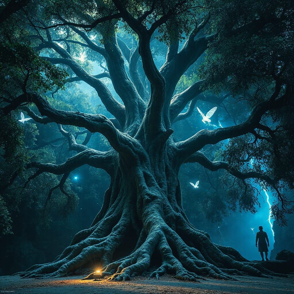 Cosmic Ancient Tree in Ethereal Light