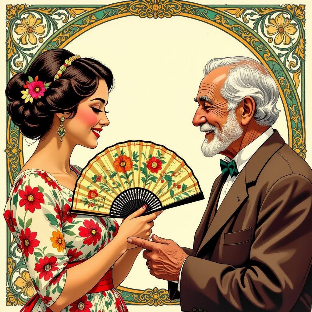 Carmen Shows Fan to Abuelo, Art Nouveau Style