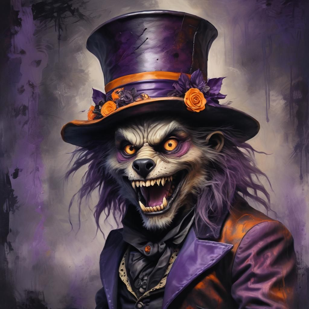 Surreal Halloween Werewolf Hatter in Oil Painting Style