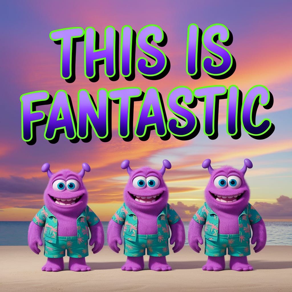 Whimsical Beach Creatures in Vibrant Sunset Scene