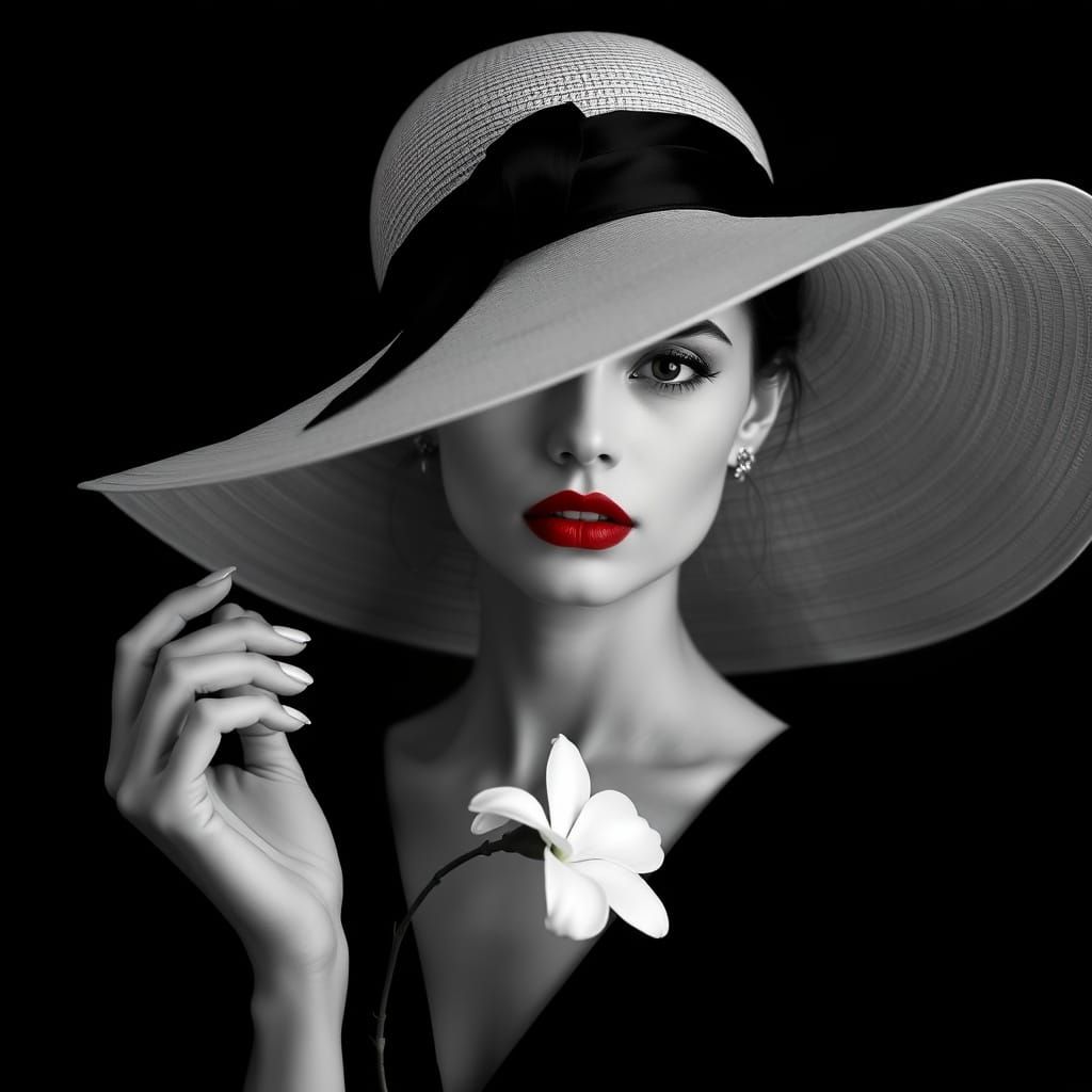 Ethereal Woman in White Hat: Noir Photography Portrait