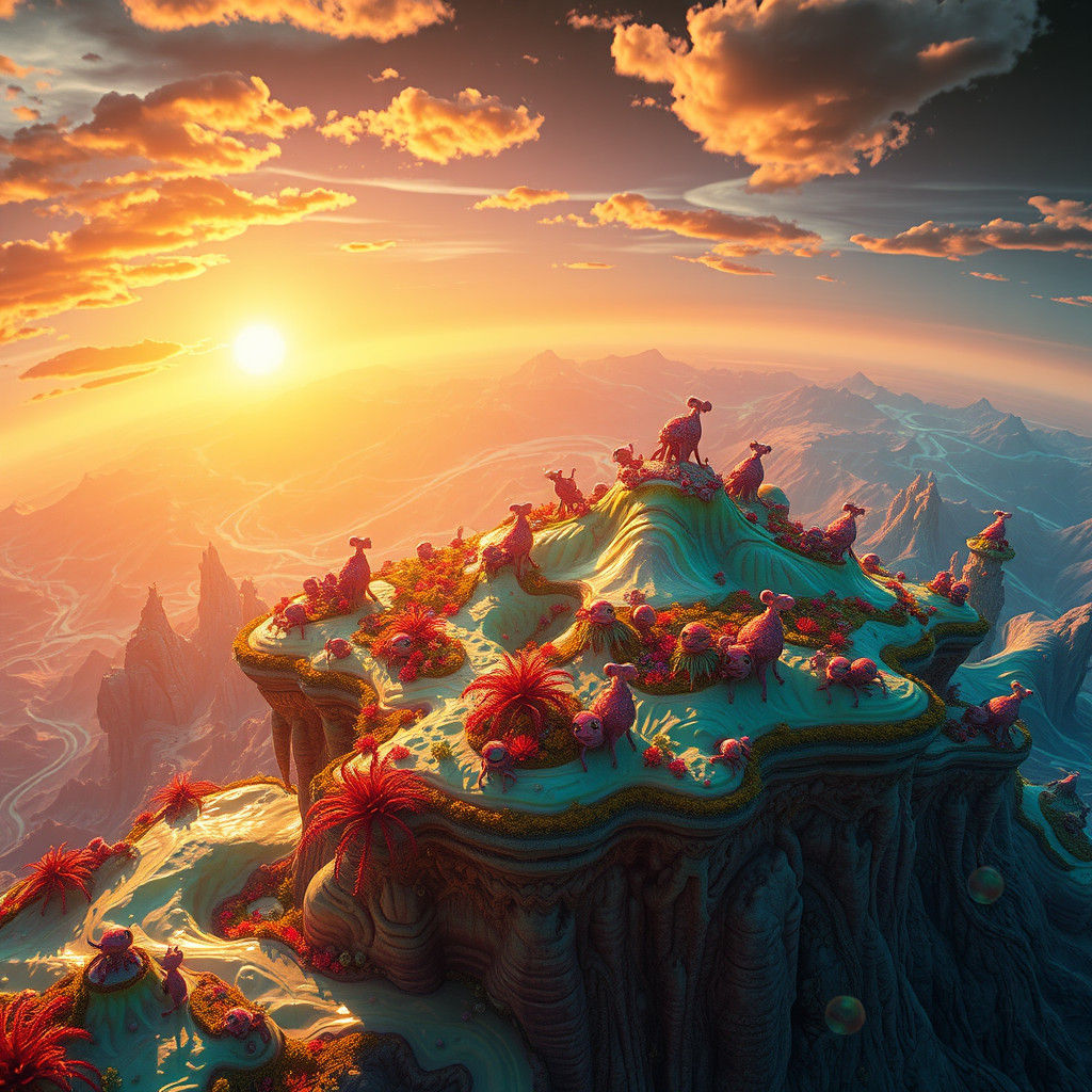 Iridescent Alien Island Sunset: Fantasy Landscape