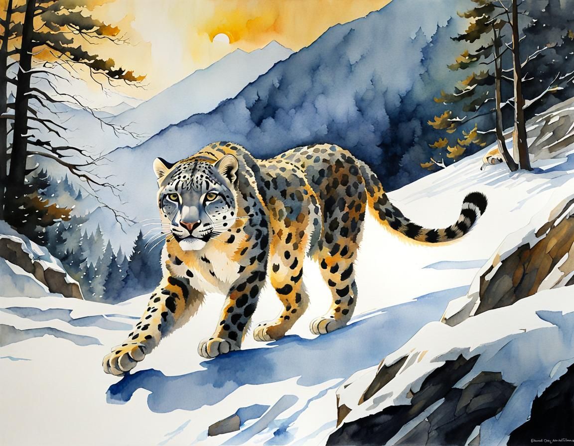Snow Leopard Hunt in Watercolor Style