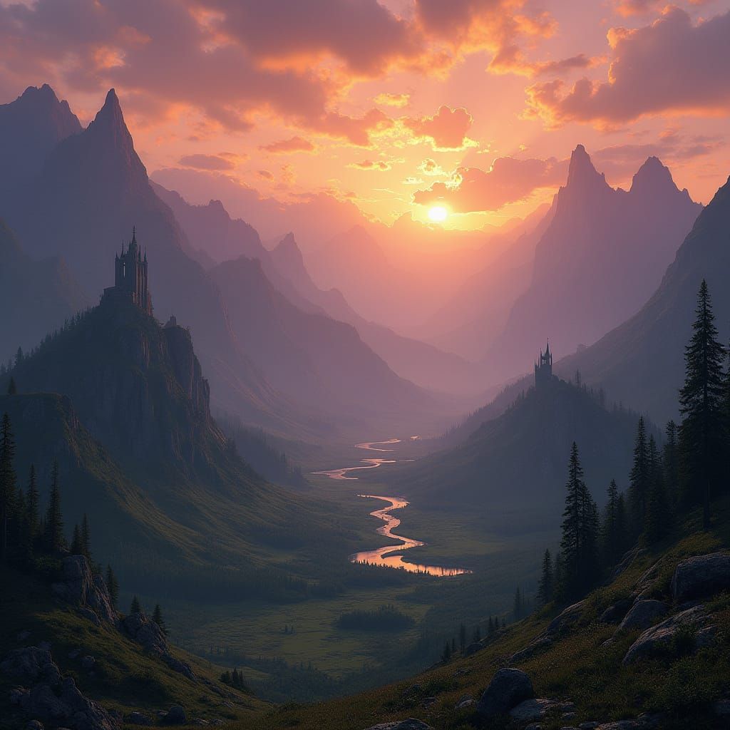 Epic Lord of the Rings Landscape at Dusk in Fantasy Style