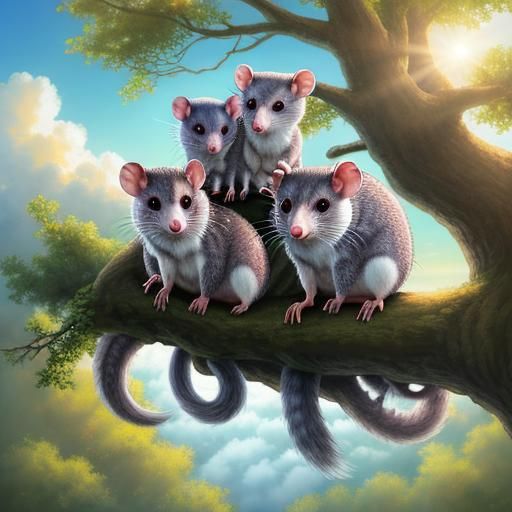 Possums in a Tree Under Heavenly Sunshine
