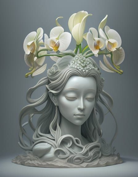 Giant Orchid Statue With Ethereal Human Face, Surreal Art