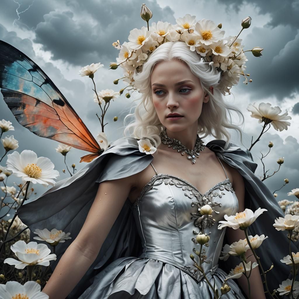 Ethereal Fairy Surrounded by Ghostly Flowers