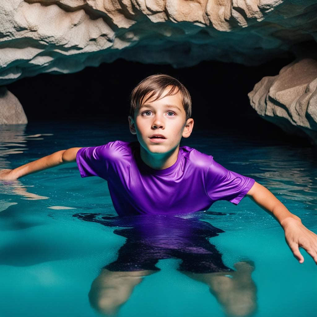 Boy Swimming in a Flooded Cave