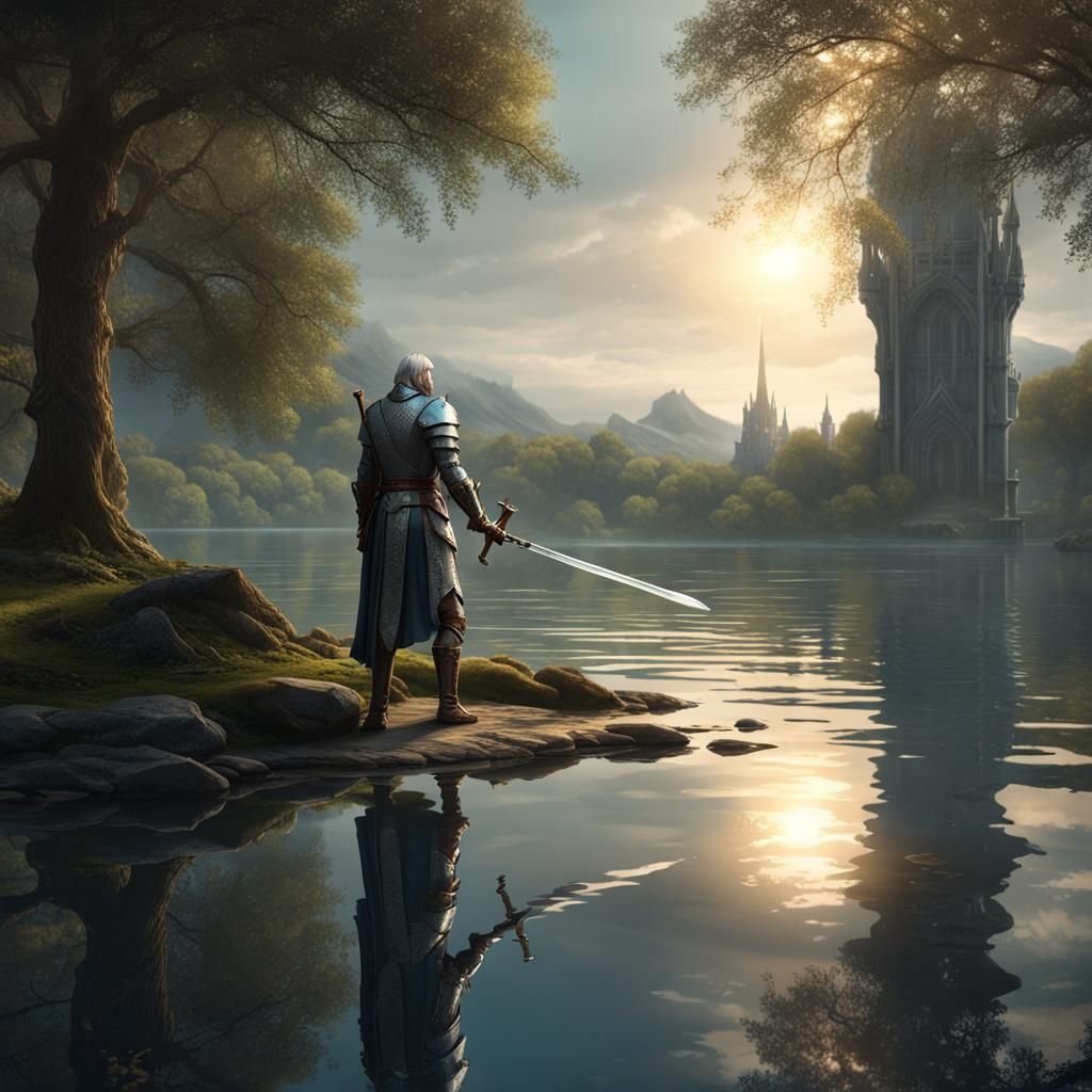 Sir Bedivere Returns Excalibur: Dark Fantasy Art