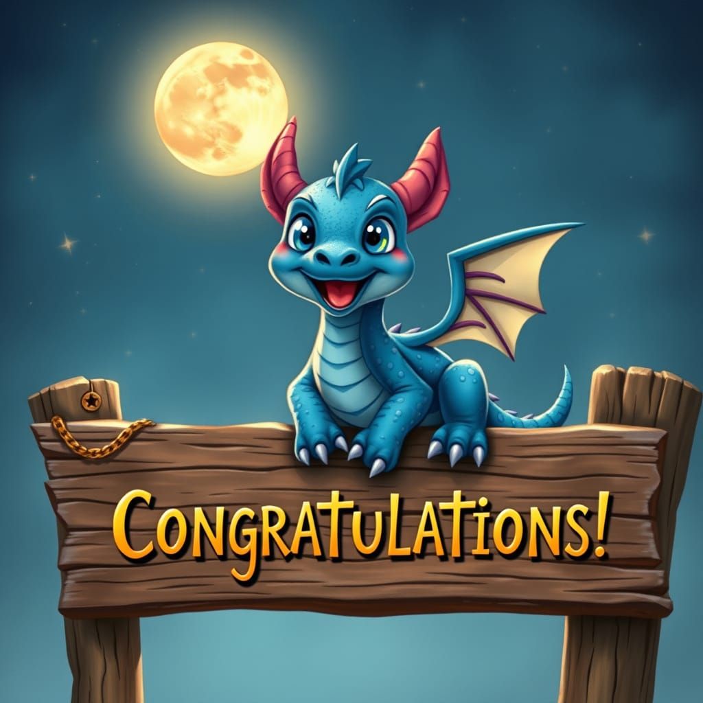 Vibrant Blue Dragon Perched on Rustic Sign in Lunar Night Sk...