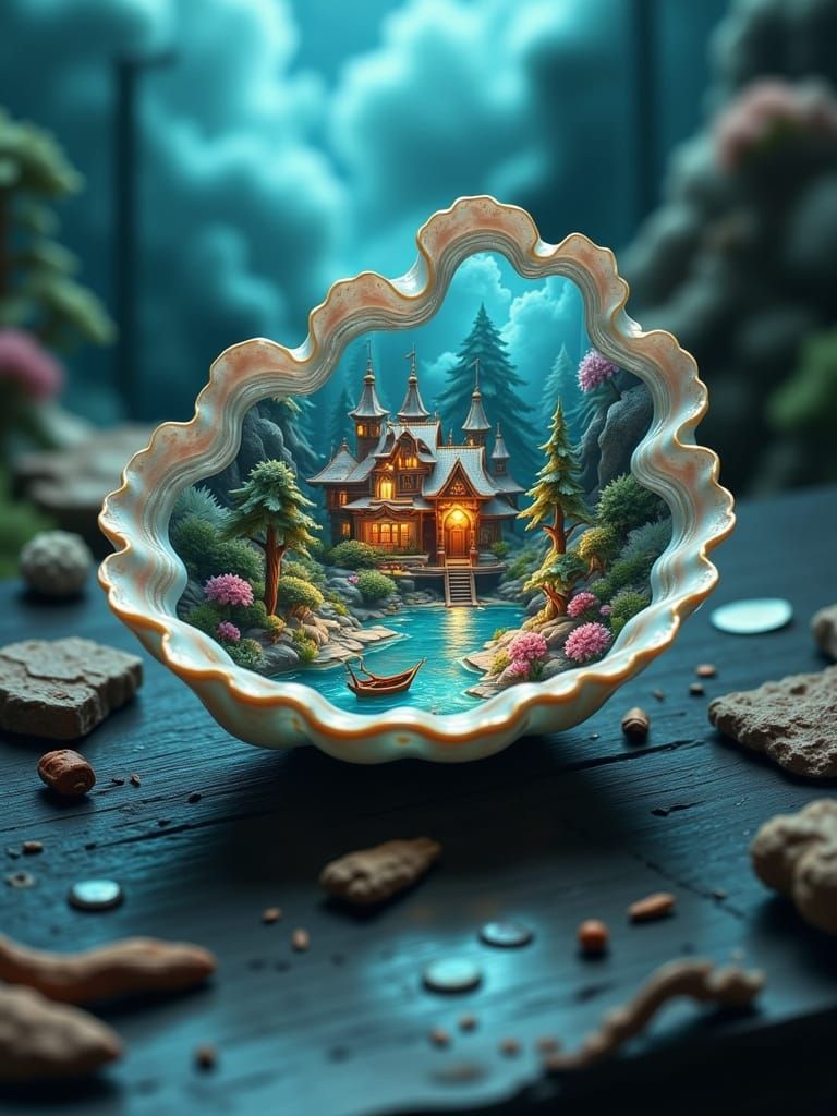 Miniature Underwater City in Iridescent Seashell, Macro Phot...