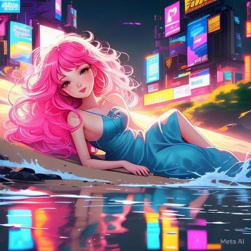 Glowing Anime Girl Basks in Neon Sunset