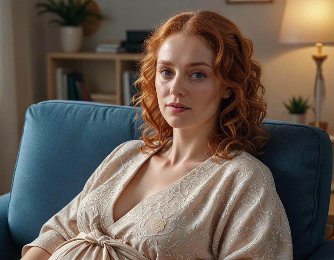 Pregnant Polish Woman in Maternal Gown on Office Couch