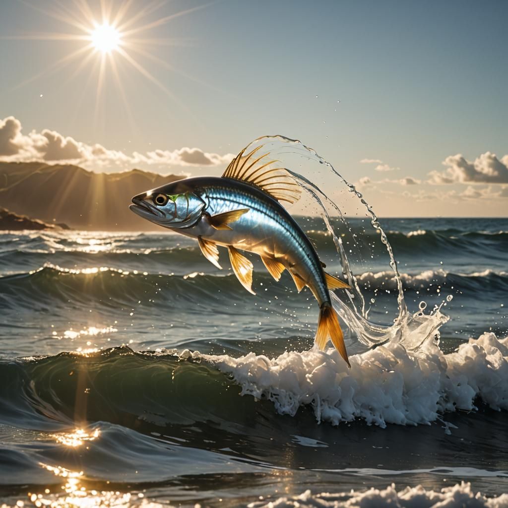 Flying Fish Leaping Wave with Lens Flare