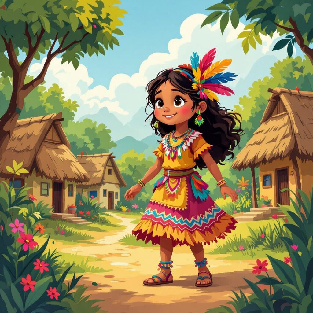 Tabajara Girl Exploring Her Village in Cartoon Style