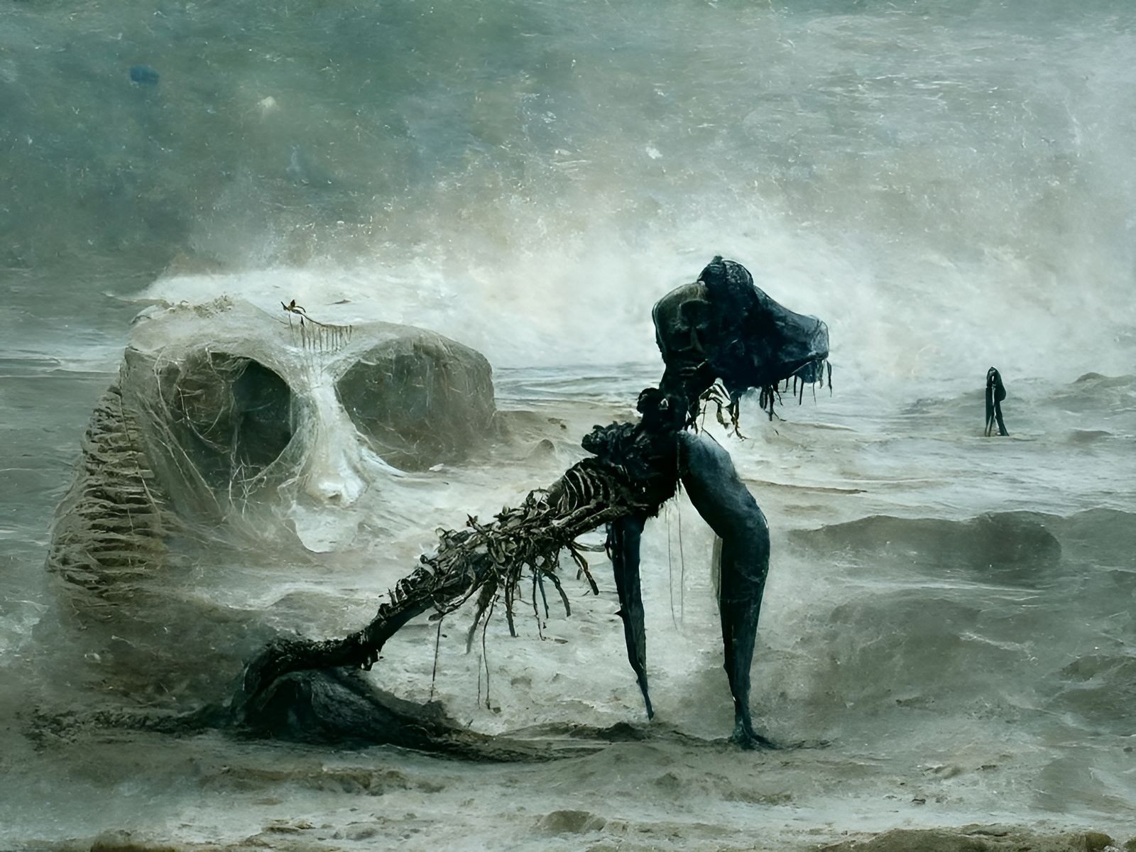 Skeleton Mermaid on Beach in Horror Art Style
