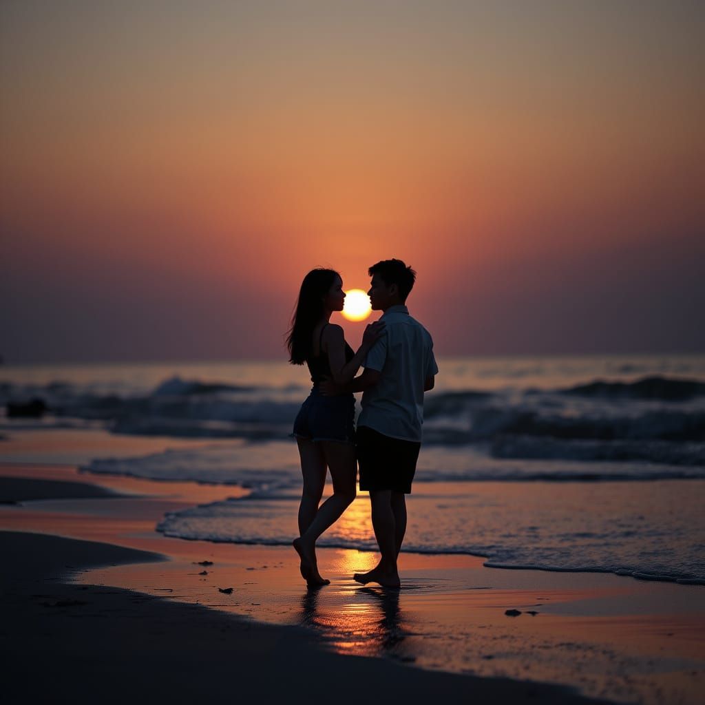 Korean Couple Walking Hand in Hand on Sunset Beach