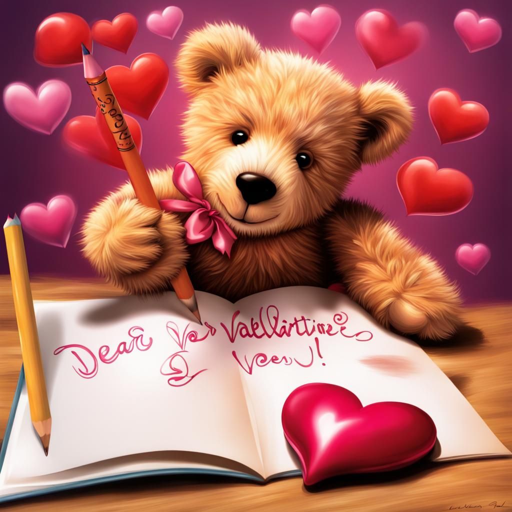Teddy Bear Writes Valentine in Airbrushed Style