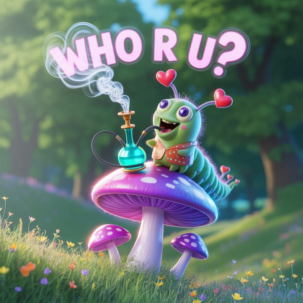 Cartoon Caterpillar Smoking Hookah in Dreamlike Meadow