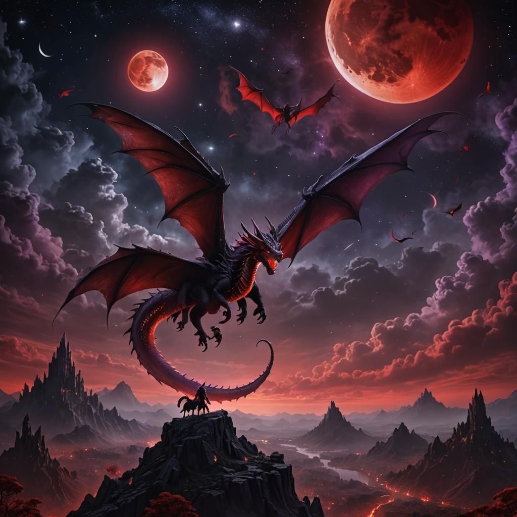 Red Dragon Soaring Under Blood Moon, Digital Art