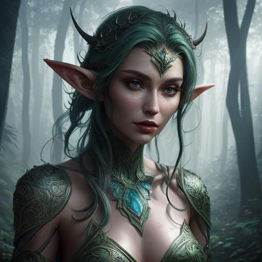 Enchanted Elf Woman in Hyperrealistic Forest