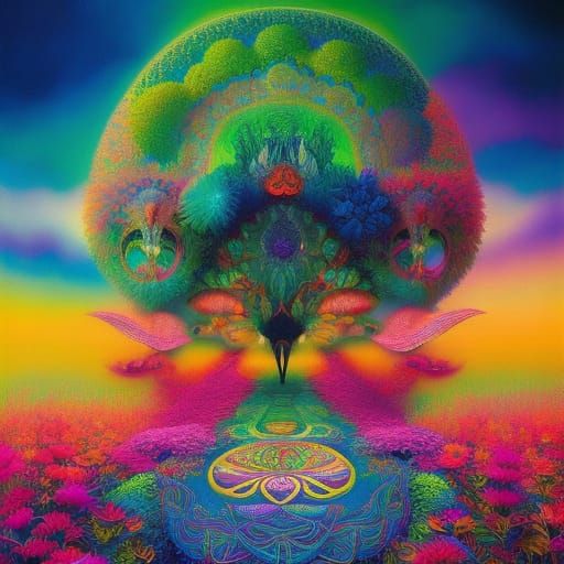 Psychedelic Book with Birds and Flowers in Magic Realism