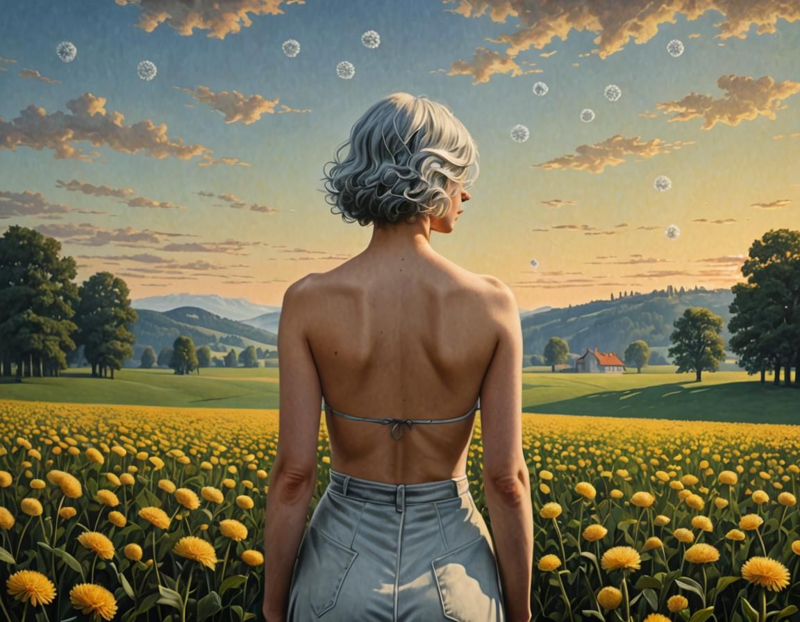Distant Figure in Dandelion Field, Surrealist Style
