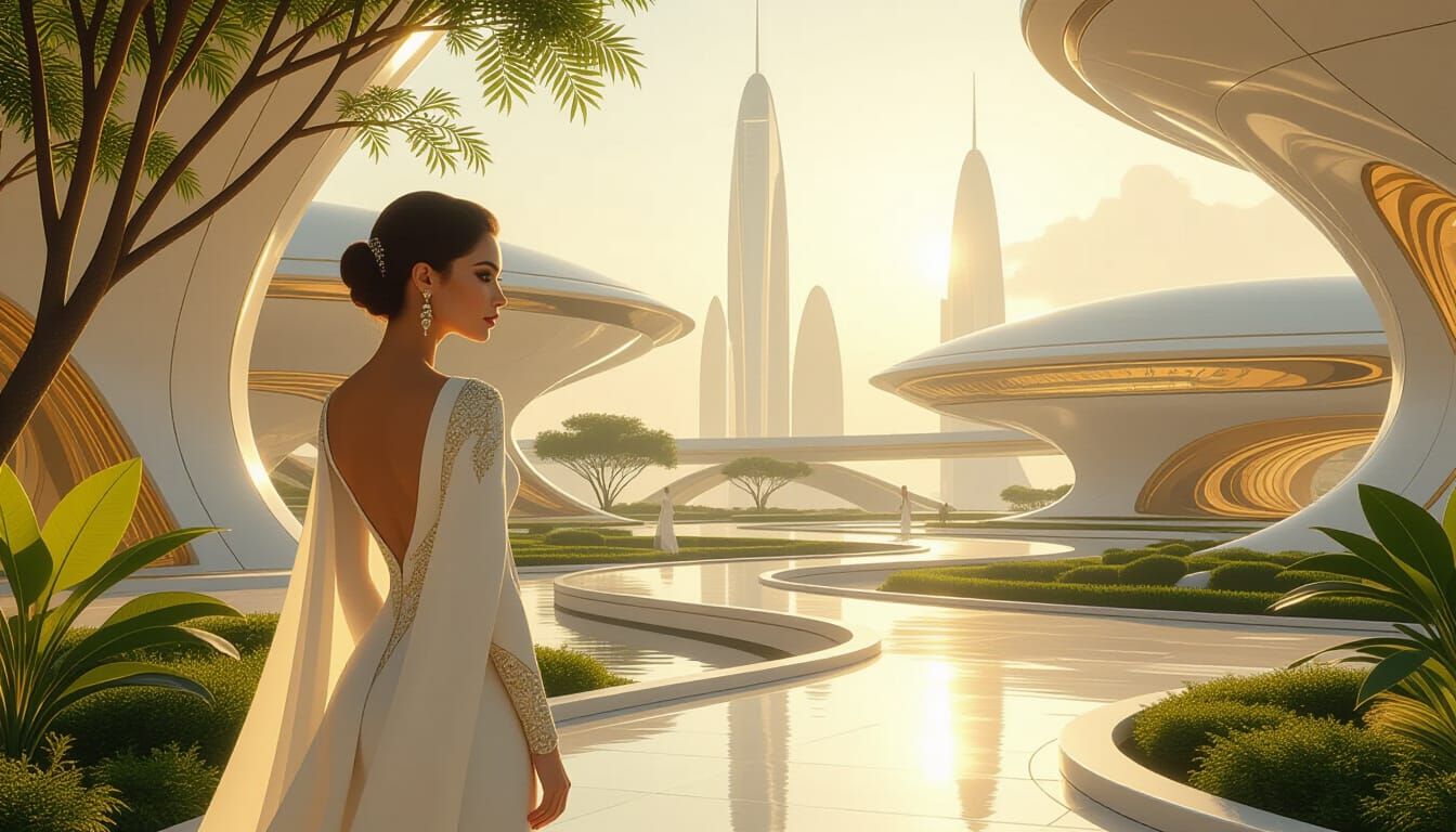 Utopian Future with Serene Woman and Frutiger Aero Design