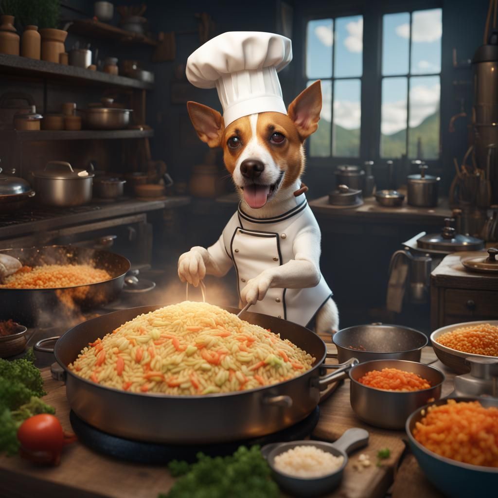 Dog Chef Cooking Fried Rice: Detailed Matte Painting