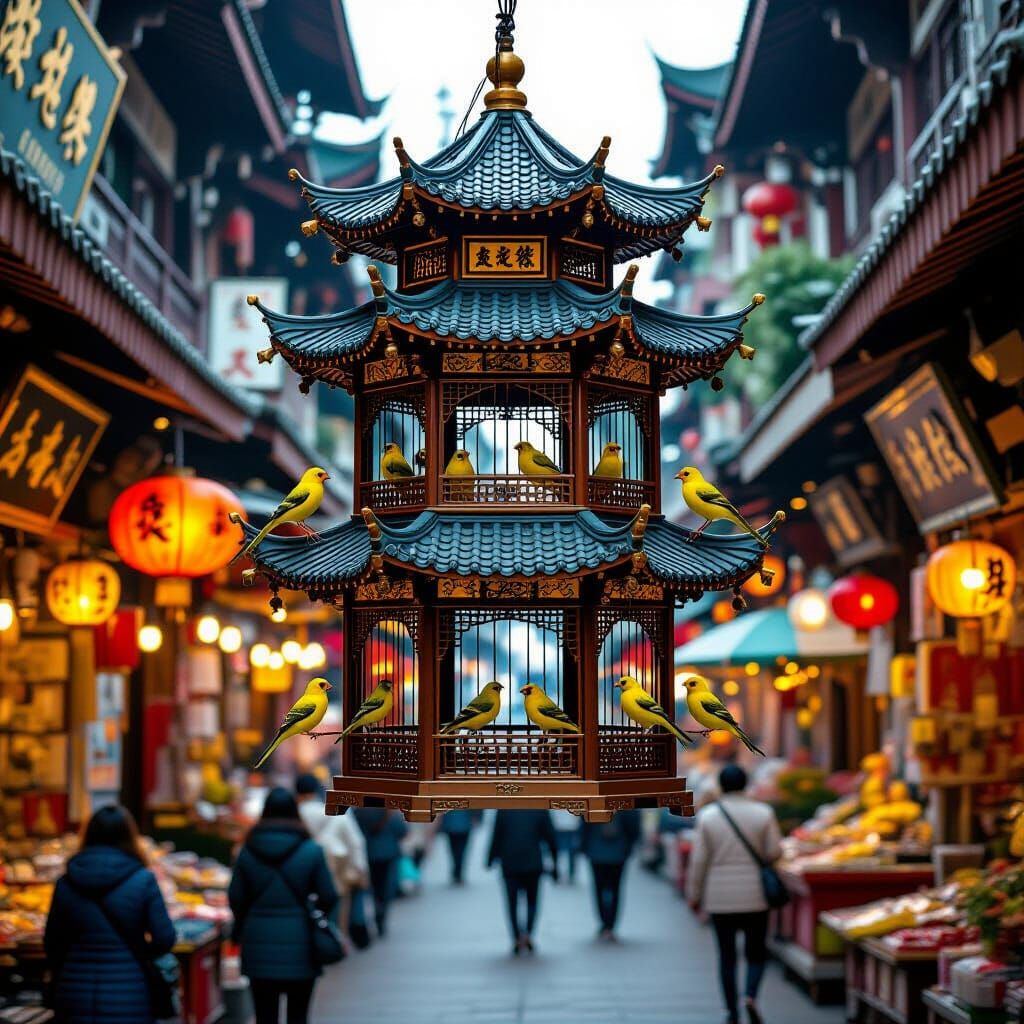 Ornate Pagoda Birdcage in Bustling Asian Market