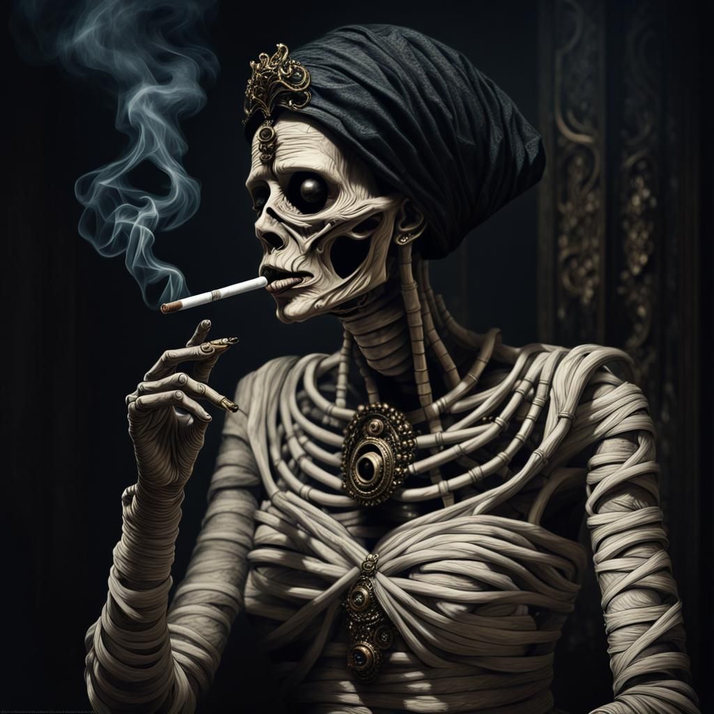Gothic Mummy Smoking Cigarette: Hyperrealistic Detail