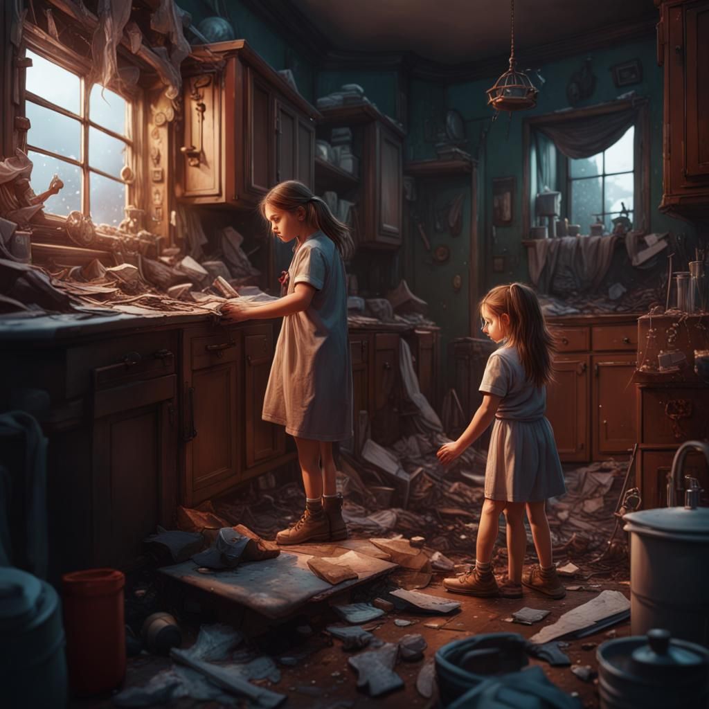 Girl Helps Dad in Messy House: Detailed Matte Painting