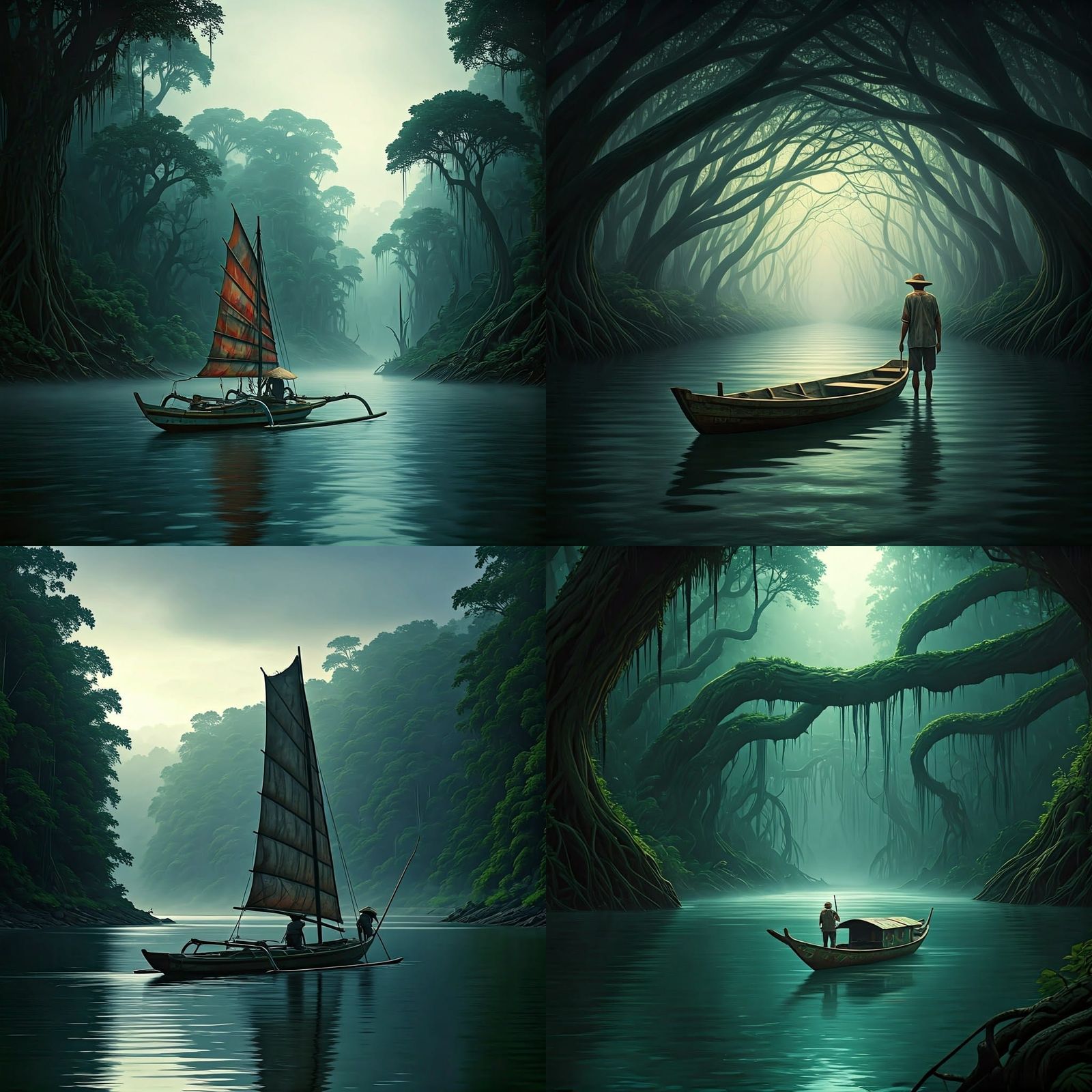 Fisherman on River with Jukung Boat