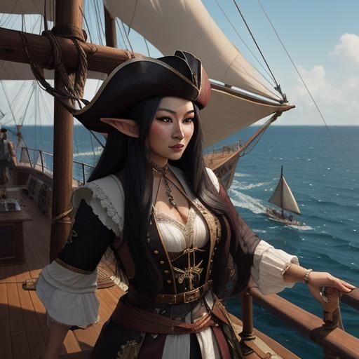 Asian Elf Pirate on Sailing Ship Deck