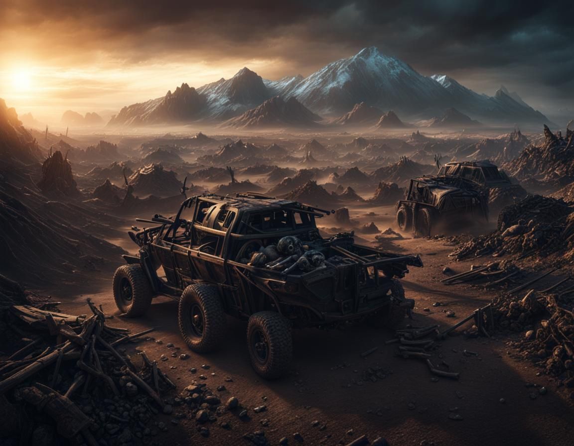 Dark Wasteland Pilgrims in a Cinematic Landscape