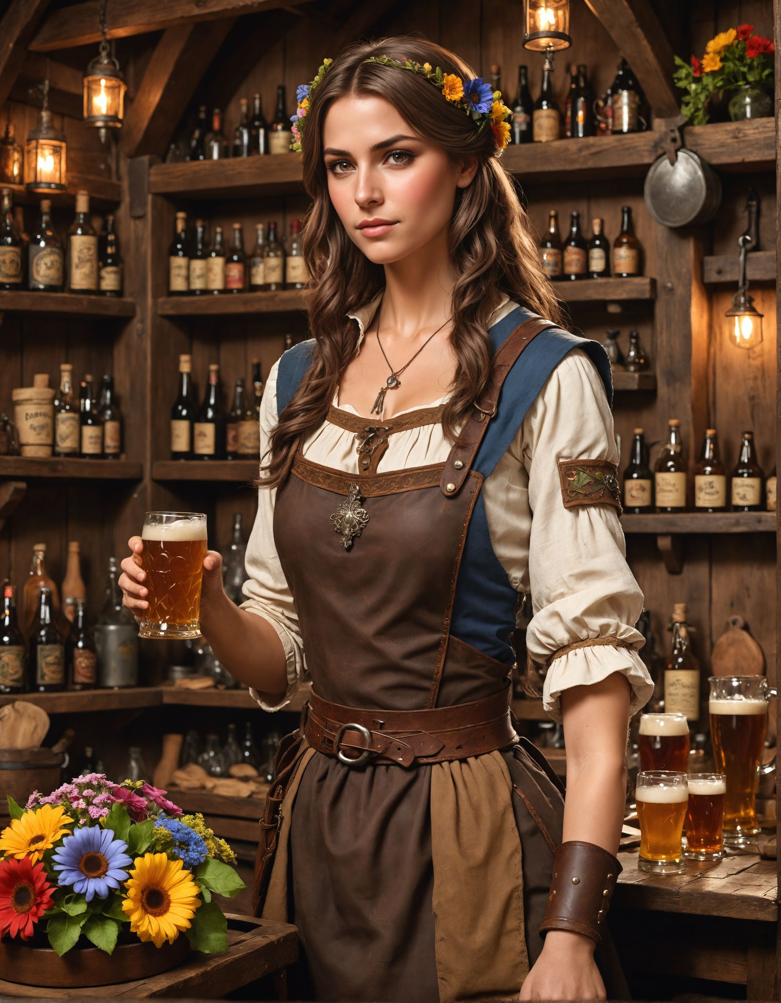 Medieval Tavern Keeper with Ale and Flowers