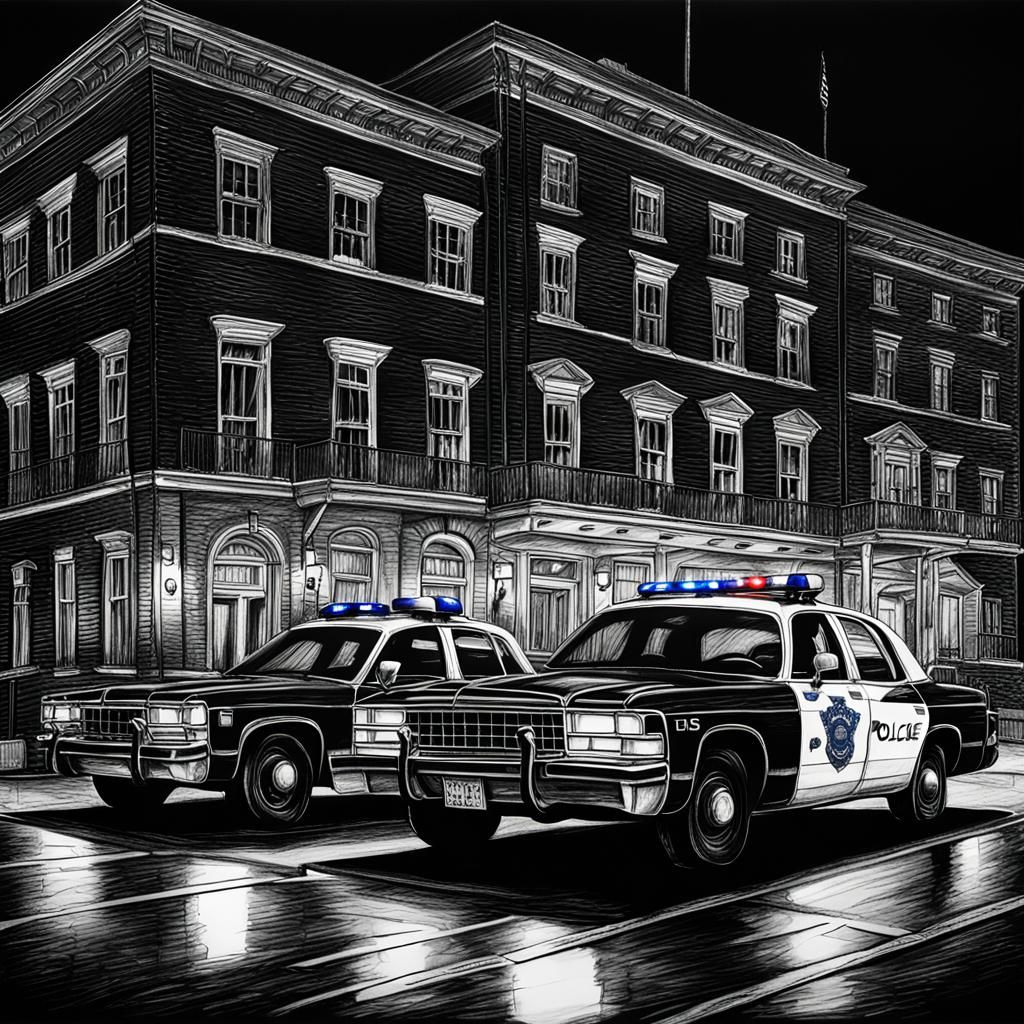 Police Cars Outside Hotel in Charcoal Drawing
