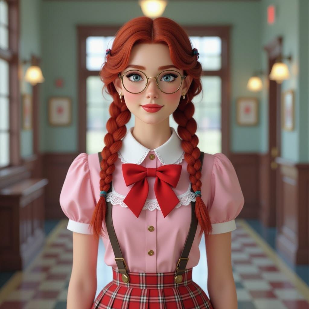 Red-Haired Woman in School Uniform, Hyperdetailed Art