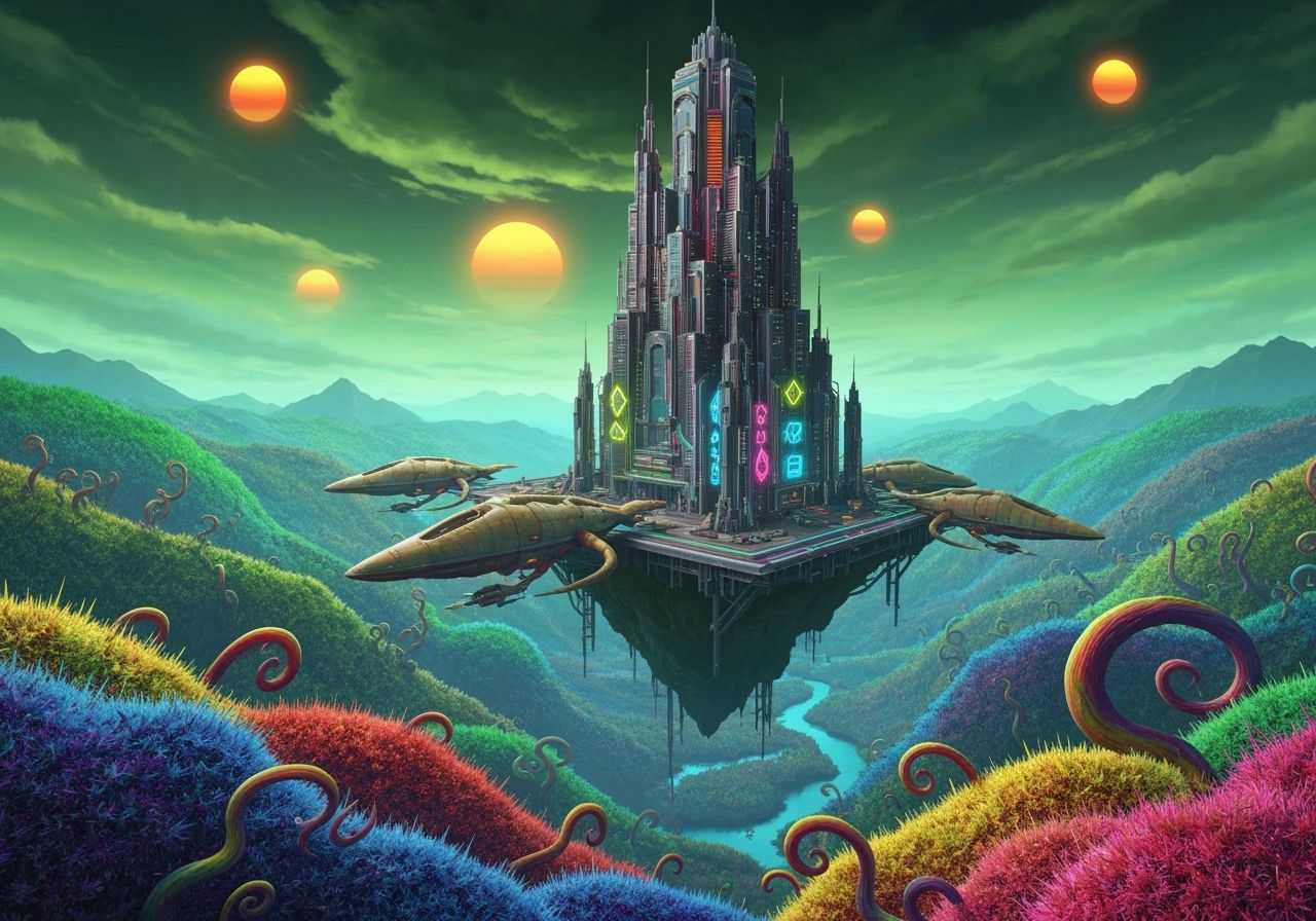 Synthwave Spaceport on Floating Island, Alien Landscape