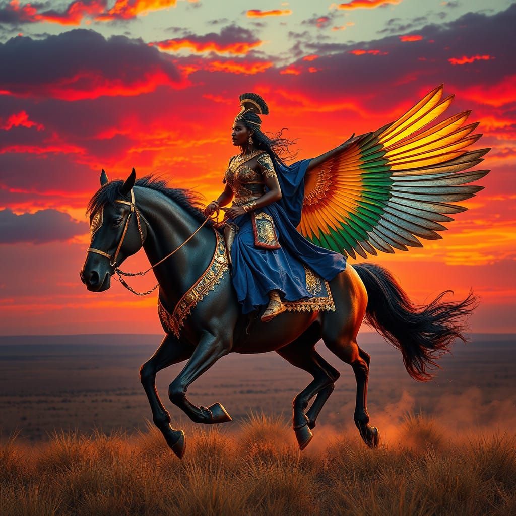 Amazonian Warrior on Majestic Winged Stallion