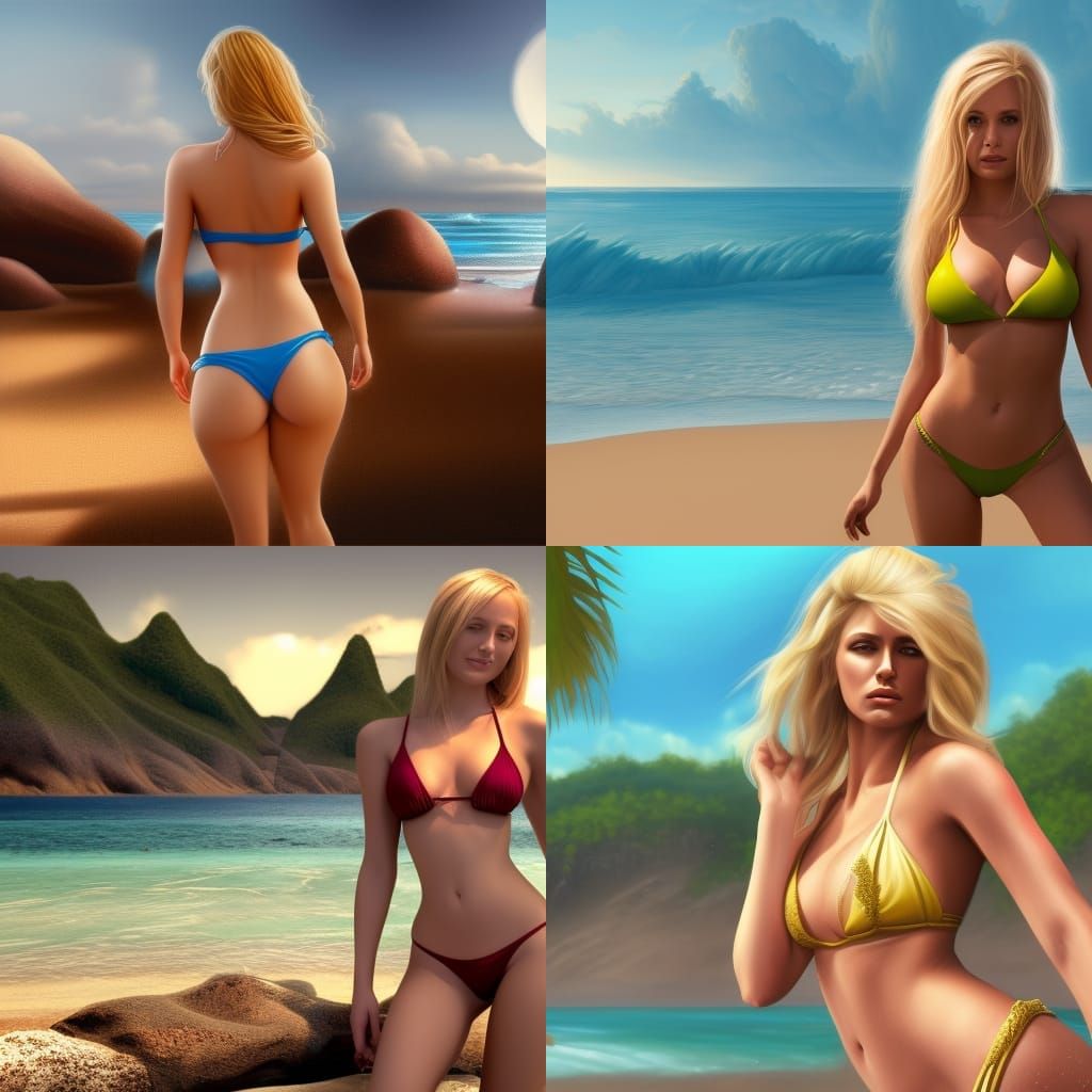 Blonde Goddess on Beach in Vibrant Photorealism