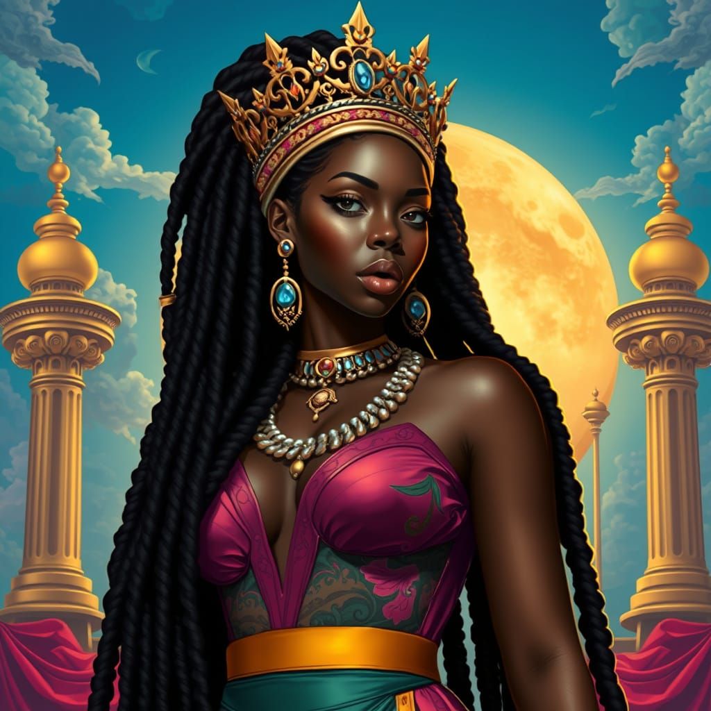 Regal Black Queen in Afrofuturist Style