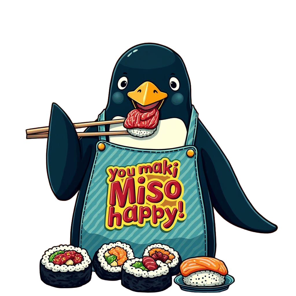 Penguin Sushi Party in Vibrant Pop Art Style