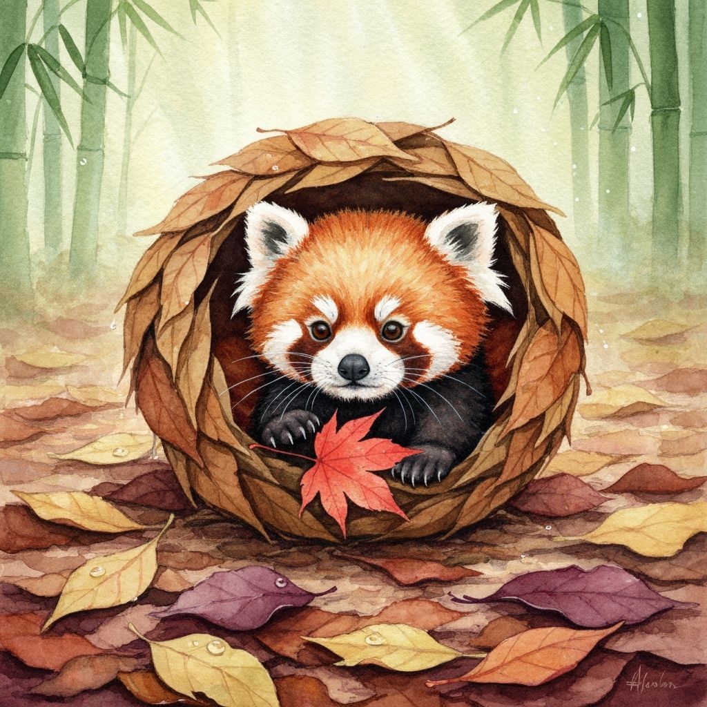 Adorable Baby Red Panda in Autumn Leaves Watercolor Painting
