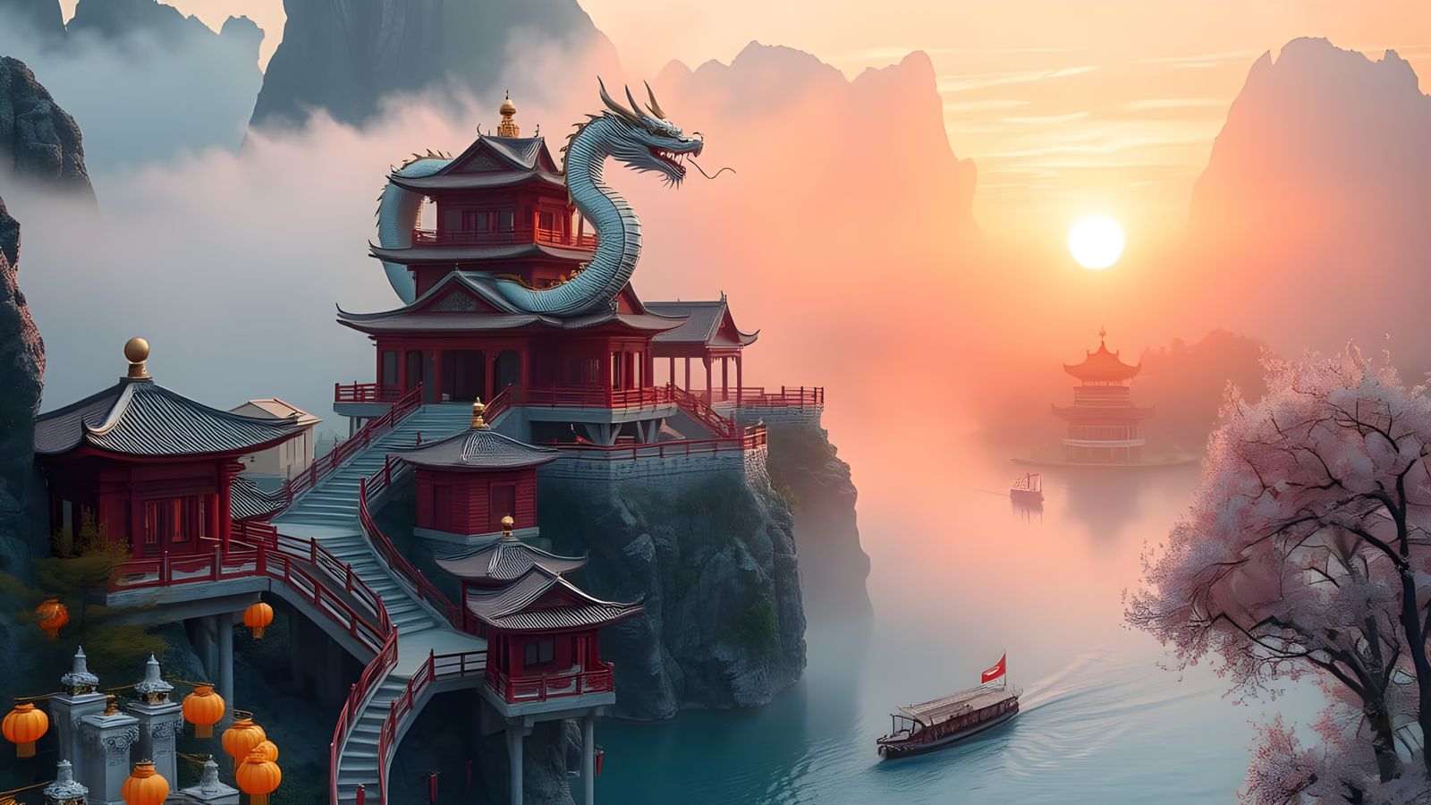 Majestic Chinese Mountain Temple with Dragon and Blossoms