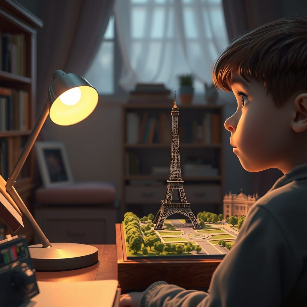 Boy and Eiffel Tower Miniature in Hyperrealistic Style
