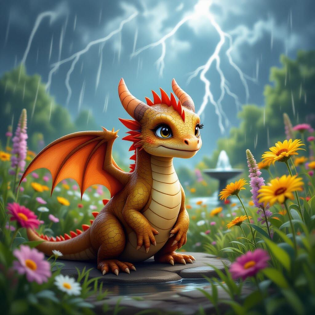 Baby Dragon in Stormy Garden