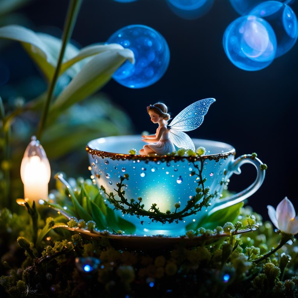 Fairy in Teacup: Iridescent Dewdrop Forest